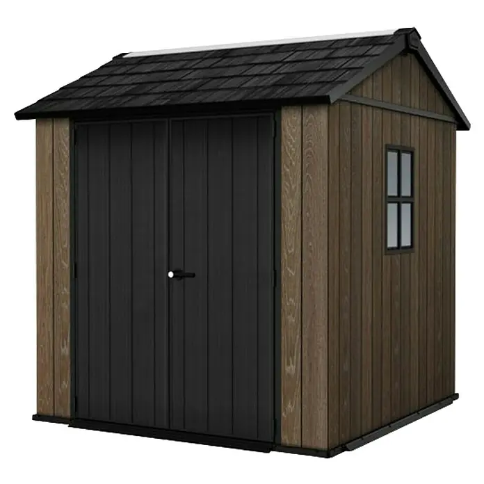 Keter Caseta de jardín Apex 757-775 - Medidas ext. (An x Pr): 223 x 230 cm, Plástico, Nogal/Negro - Caseta de jardín marrón con aspecto de madera, puertas dobles negras y techo oscuro de tejas, con una pequeña ventana lateral.