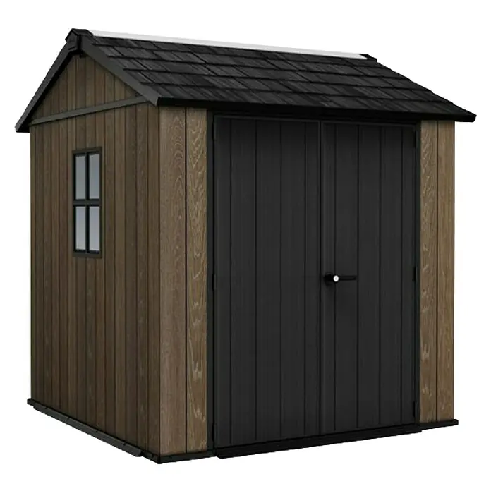Keter Caseta de jardín Apex 757-775 - Medidas ext. (An x Pr): 223 x 230 cm, Plástico, Nogal/Negro - Caseta de jardín con aspecto de madera, una ventana lateral, puertas dobles negras y techo oscuro.