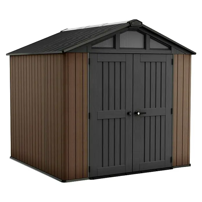 Keter Caseta de jardín Stronghold 8x8 - Medidas ext. (An x Pr): 244 x 248 cm, Plástico, Marrón/Negro, 6 m² - Caseta de jardín marrón y gris oscuro con techo inclinado y puertas dobles.
