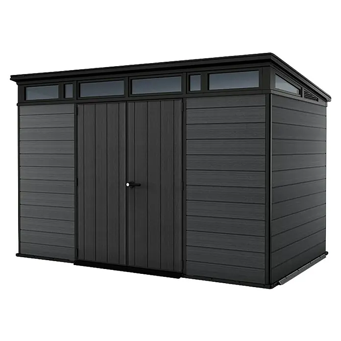 Keter Caseta de jardín Cortina 11x7 - Medidas ext. (An x Pr): 342 x 218 cm, Plástico, Gris, 7,4 m² - Caseta de jardín gris oscuro con puertas dobles, ventanas superiores y techo inclinado.