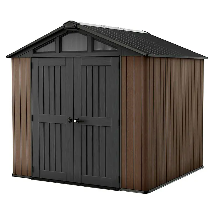 Keter Caseta de jardín Stronghold 8x8 - Medidas ext. (An x Pr): 244 x 248 cm, Plástico, Marrón/Negro, 6 m² - Caseta de jardín moderna con revestimiento vertical marrón oscuro, puertas dobles gris oscuro y techo a juego con ventanas a dos aguas.