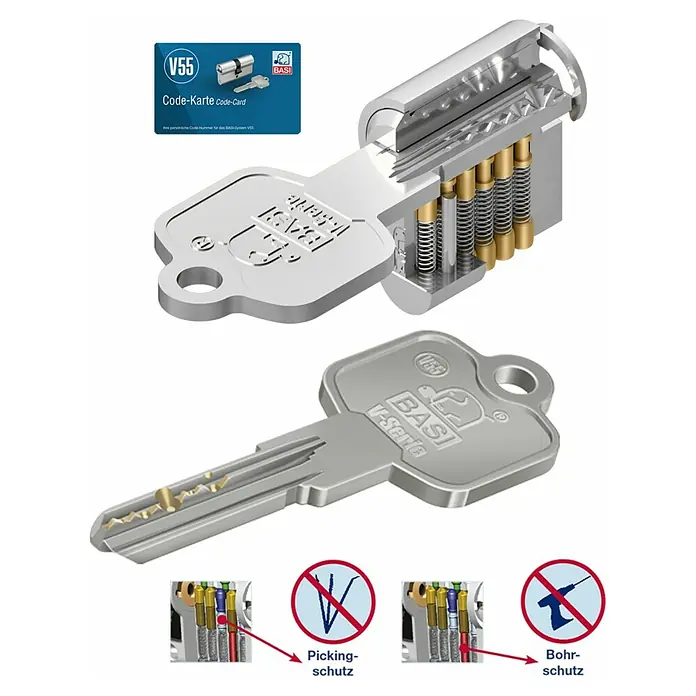 Basi Profilzylinder V55 mit N+G - Baulänge innen: 35 mm, Baulänge außen: 40 mm, Material Zylinder: Messing, Bohrmuldenschlüssel, Mit Not- & Gefahrenfunktion - Silberner Schlüssel und Schnittmodell eines Schließzylinders, mit Code-Karte und Symbolen für Picking- und Bohrschutz.