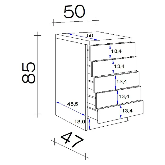 Flex-Well Rapido Küchen-Unterschrank - 50 x 50 x 85 cm, Dekor Front: Weiß - Technisches Schema eines 5-Schubladenschranks. Maße: 85 H, 50 B, 47 T. Jede Schubladenfront 13,4 H.
