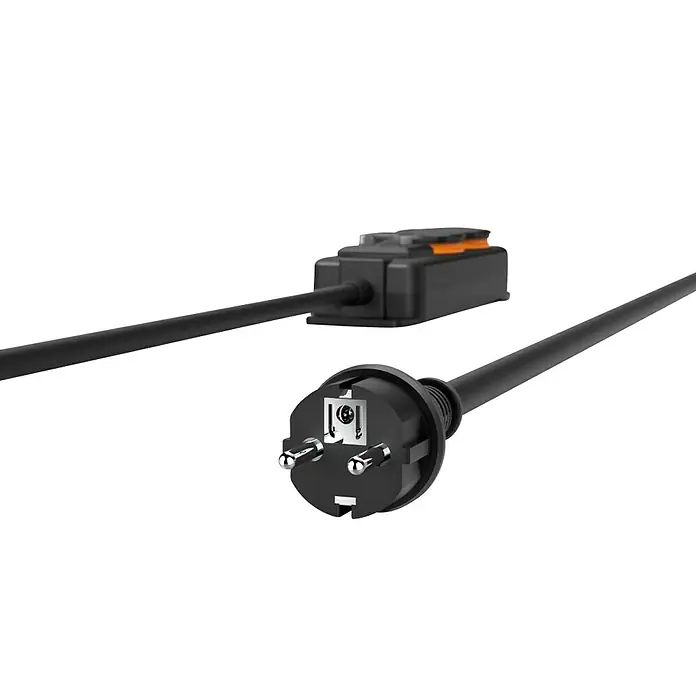 Hama Steckdosenleiste 2-fach 00223062 IP44 Wandmontage - Kabellänge: 2 m - Schwarzes Stromkabel mit dreipoligem Typ-I-Stecker und rechteckigem, schwarzem In-Line-Bauteil mit orangem Akzent.