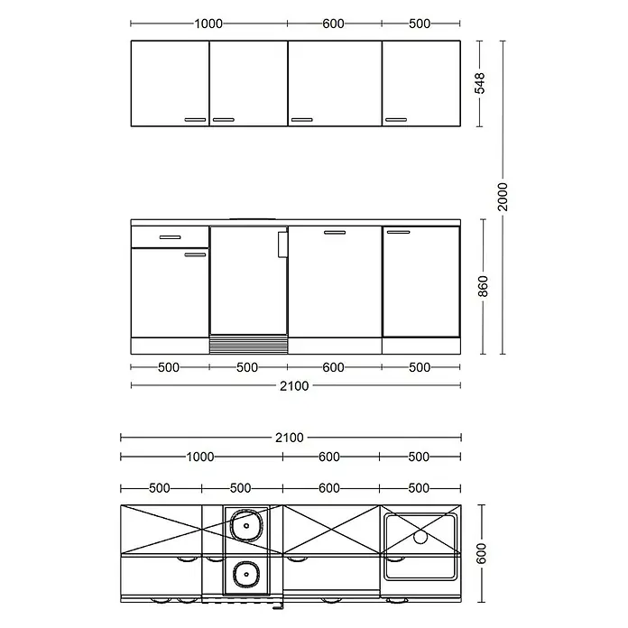 Flex-Well Rom  Singleküche - Breite: 210 cm, Weiß, Mit 2-Zonen-Glaskeramikkochfeld - Technische Zeichnung eines modularen Küchenlayouts mit Ober- und Unterschränken, Kochfeld und Spüle, detaillierte Front- und Draufsichtsmaße.