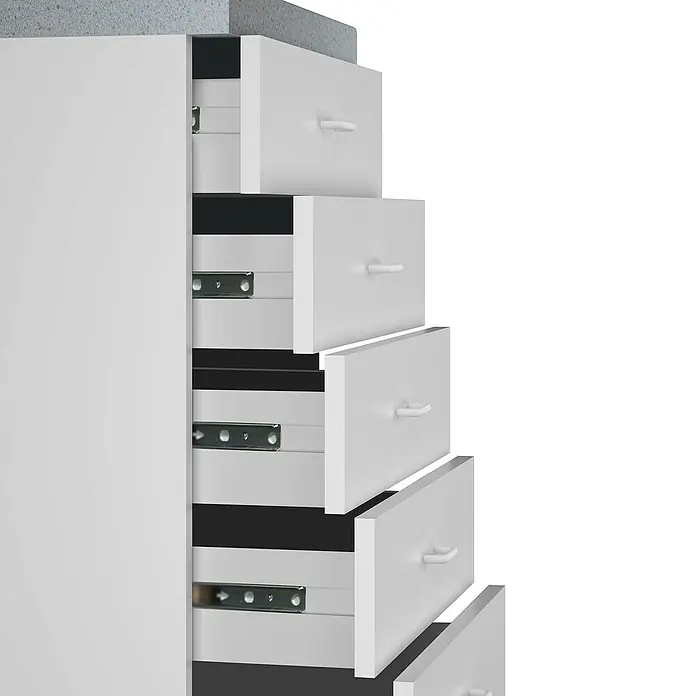 Flex-Well Rapido Küchen-Unterschrank - 50 x 50 x 85 cm, Dekor Front: Weiß - Weiße Kommode mit mehreren teilweise geöffneten Schubladen, die ihre Auszüge zeigen.