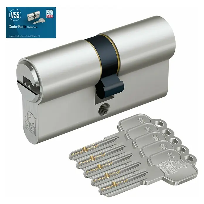 Basi Profilzylinder V55 - Baulänge innen: 30 mm, Baulänge außen: 45 mm, Material Zylinder: Messing, Bohrmuldenschlüssel - Silberfarbener BASI V55 Türzylinder mit 5 passenden Schlüsseln und einer Code-Karte für Türsicherheit.