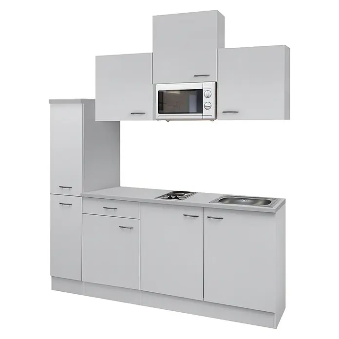 Flex-Well Wito Singleküche - Breite: 180 cm, Weiß, Mit 2 Platten-Kochfeld & Mikrowelle - Weiße Kompaktküche mit Hängeschränken, Einbaumikrowelle, Kochfeld und Spüle.