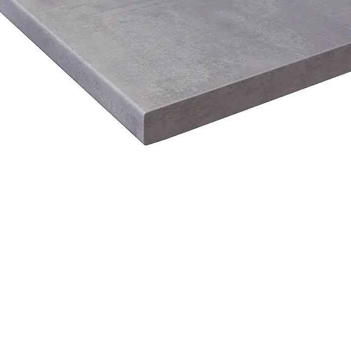 Flex-Well Rom  Singleküche Typ 1 - Breite: 210 cm, Weiß, Mit Elektrogeräten - Ecke einer grauen, strukturierten Platte mit Beton-Optik.
