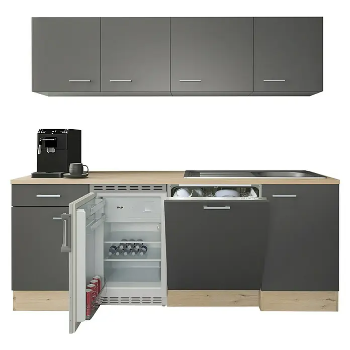 Flex-Well Tiago Singleküche Typ 1 - Breite: 210 cm, Grau, Mit Elektrogeräten - Moderne graue Küchenzeile mit Arbeitsplatte in Holzoptik, Kaffeemaschine, offenem Kühlschrank und Geschirrspüler.