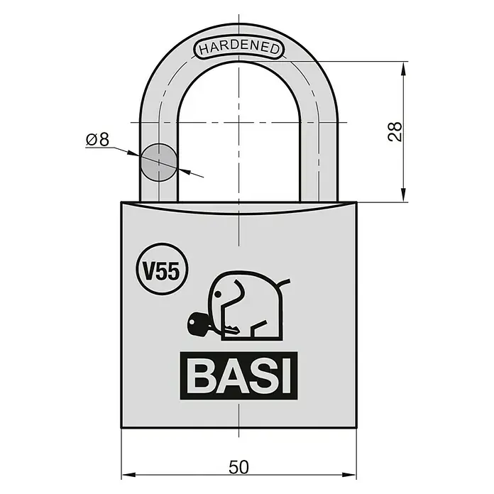 Basi Vorhängeschloss V55 Gleichschließung Nr. 21 - Bügelstärke: 8 mm, Material Bügel: Stahl - Graues Vorhängeschloss mit gehärtetem Bügel (Ø8), 28mm lichter Höhe und 50mm Gehäusebreite, mit BASI V55 Branding.