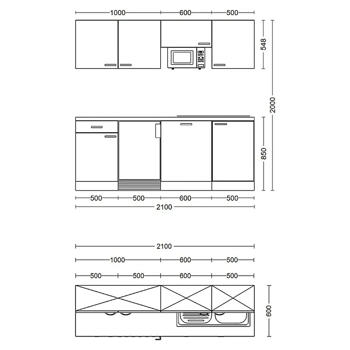 Flex-Well Samoa Singleküche Typ 2 - Breite: 210 cm, Weiß/Braun, Mit Elektrogeräten - Technische Zeichnung einer Küchenzeile mit Ober- und Unterschränken, Arbeitsplatte und detaillierten Maßen.