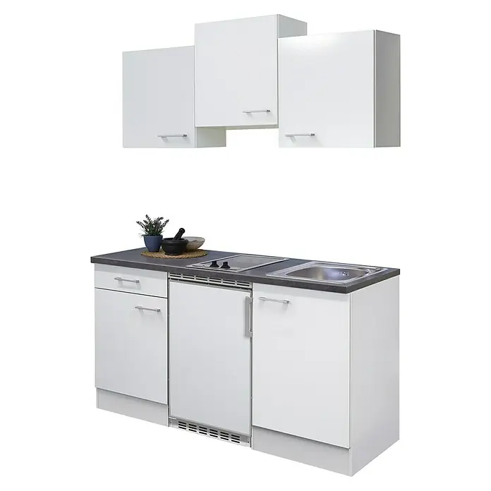 Flex-Well Lucca Singleküche - Breite: 150 cm, Weiß, Mit 2-Zonen-Glaskeramikkochfeld, Mit Elektrogeräten - Weiße Miniküche mit dunkler Arbeitsplatte, integriertem Kochfeld, Spüle, Kühlschrank und drei passenden Hängeschränken für kompakte Räume.