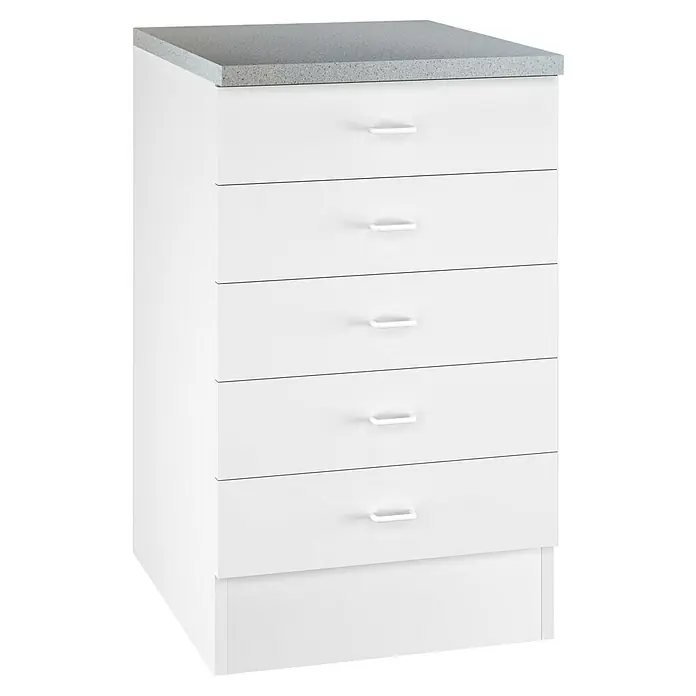 Flex-Well Rapido Küchen-Unterschrank - 50 x 50 x 85 cm, Dekor Front: Weiß - Weiße Kommode mit fünf Schubladen und einer grauen Arbeitsplatte.