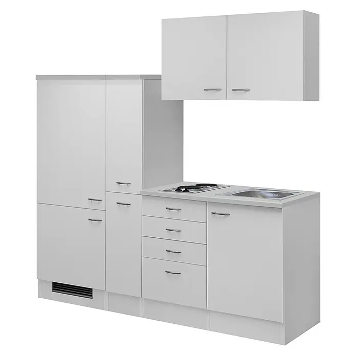 Flex-Well Wito Singleküche - Breite: 190 cm, Weiß, Mit Elektrogeräten - Weiße modulare Küchenzeile mit Hochschrank, Oberschränken, Unterschränken, Kochfeld und Spüle.