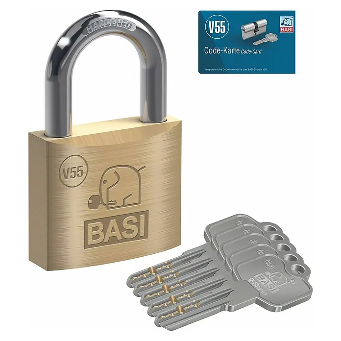 Basi Vorhängeschloss V55 Gleichschließung Nr. 21 - Bügelstärke: 8 mm, Material Bügel: Stahl - Messingvorhängeschloss mit gehärtetem Bügel, mehreren Schlüsseln und blauer V55 BASI Code-Karte.