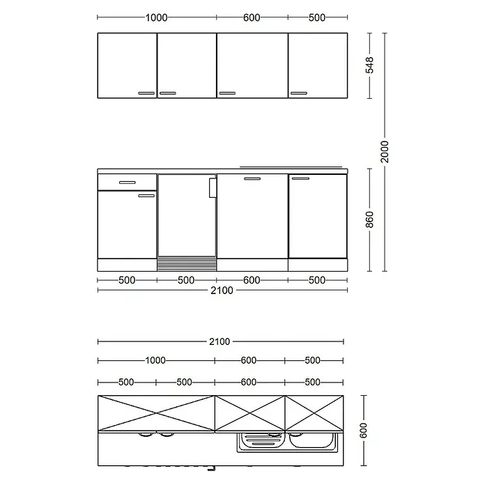 Flex-Well Valero Singleküche Typ 1 - Breite: 210 cm, Weiß, Mit Elektrogeräten - Küchenschrank-Layoutplan mit Oberschränken, Unterschränken und Spülbeckenmodul, detaillierte Maße.