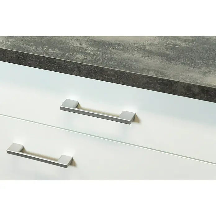 Flex-Well Lucca Singleküche - Breite: 150 cm, Weiß, Mit 2-Zonen-Glaskeramikkochfeld, Mit Elektrogeräten - Weiße Küchenschubladen mit silbernen Griffen und einer dunkelgrauen Arbeitsplatte.