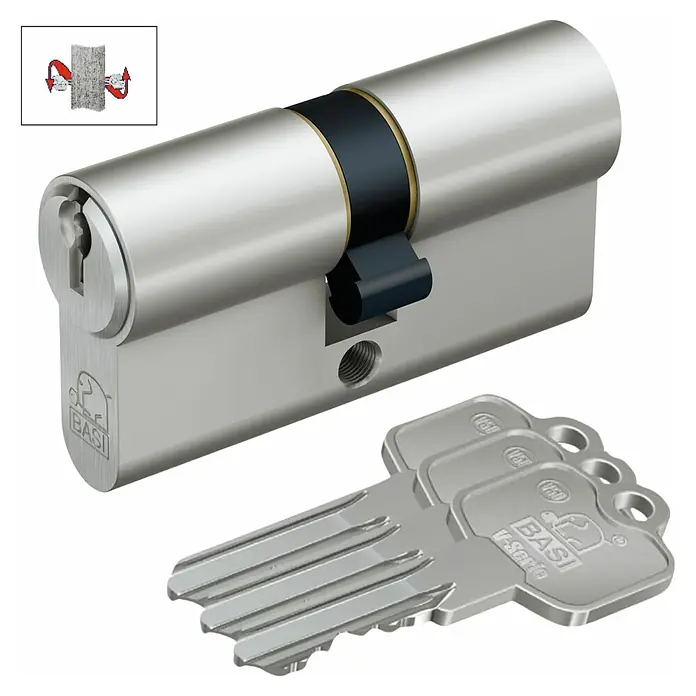 Basi Profilzylinder V50 mit N+G - Baulänge innen: 30 mm, Baulänge außen: 35 mm, Material Zylinder: Messing, Profilschlüssel, Mit Not- & Gefahrenfunktion - Silberner Profilzylinder mit schwarzem Mittelteil und drei passenden silbernen Schlüsseln.