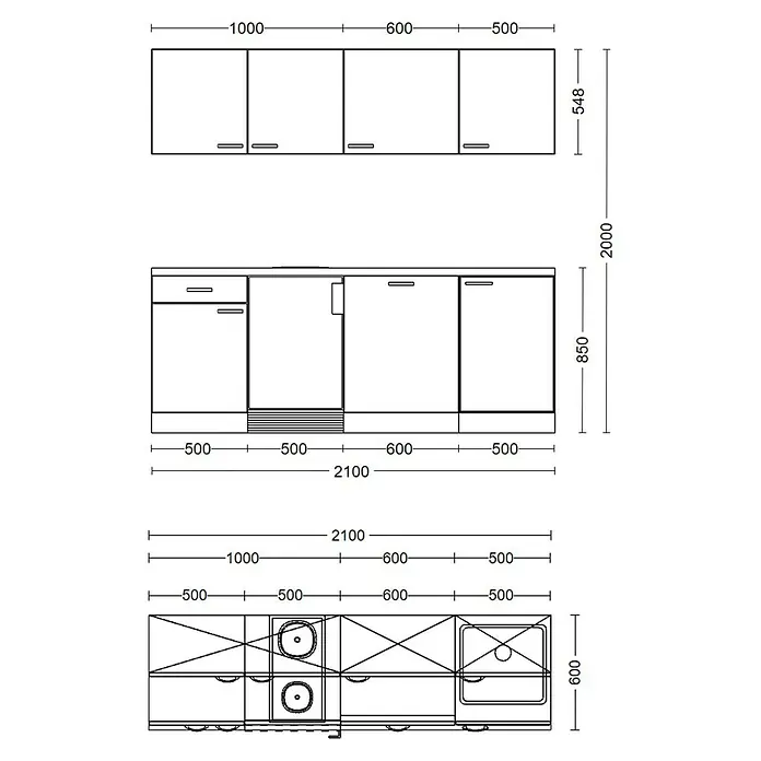 Flex-Well Samoa Singleküche - Breite: 210 cm, Weiß/Braun, Mit 2-Zonen-Glaskeramikkochfeld - Technische Zeichnung von Küchenschrank-Layouts mit detaillierten Maßen, inklusive Oberschränken, Unterschränken mit Geräten, Spüle und Kochfeld.