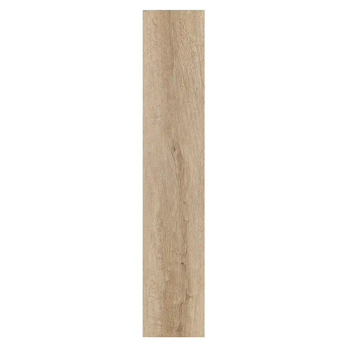 Vinylboden Silent - Sherman Eiche, Landhausdiele, 1.220 x 229 x 5,3 mm - Hellbraunes Holzbrett mit natürlicher Maserung und dezenten Ästen.