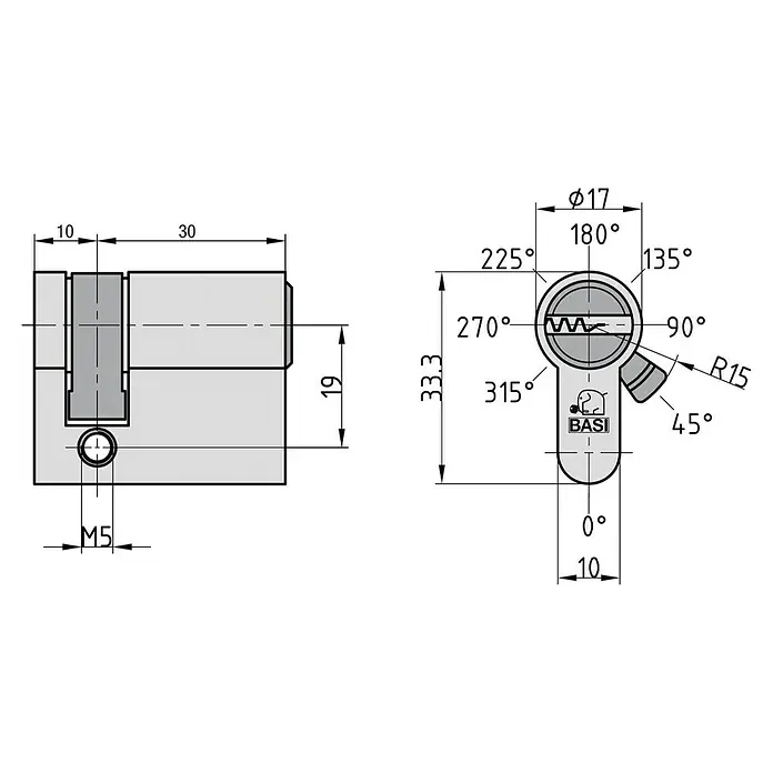Basi Profilhalbzylinder V55 - Baulänge innen: 10 mm, Baulänge außen: 30 mm, Material Zylinder: Messing, Bohrmuldenschlüssel - Technische Zeichnung eines grauen Schließzylinders, mit Seiten- und Vorderansicht, Maßen wie 40mm Länge, 19mm Höhe, 17mm Durchmesser, M5 Schraube und Winkeln.