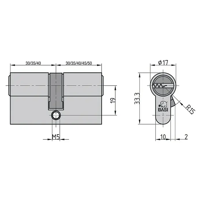 Basi Profilzylinder V55 - Baulänge innen: 30 mm, Baulänge außen: 45 mm, Material Zylinder: Messing, Bohrmuldenschlüssel - Technische Zeichnung eines grauen Doppelzylinder-Türschlosses mit Maßen und Profil. Wichtig für die Türsicherheit.