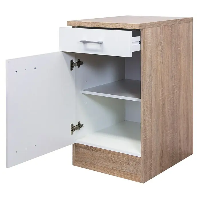 Flex-Well Samoa Singleküche - Breite: 210 cm, Weiß/Braun, Mit 2-Zonen-Glaskeramikkochfeld - Heller Holz- und weißer Schrank mit offener Tür und teilweise geöffneter Schublade.