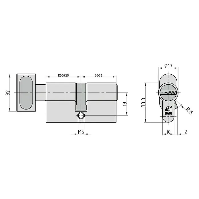Basi Knaufzylinder V55 - Baulänge innen: 30 mm, Baulänge außen: 35 mm, Material Zylinder: Messing, Bohrmuldenschlüssel - Technisches Zeichnung eines Doppelzylinders mit Maßen und Details zur Befestigung.