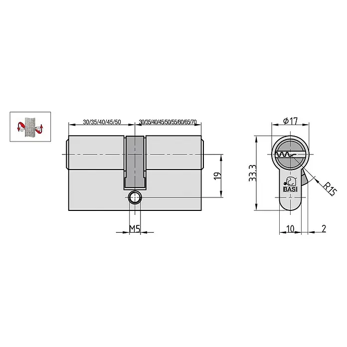 Basi Profilzylinder V55 mit N+G - Baulänge innen: 35 mm, Baulänge außen: 40 mm, Material Zylinder: Messing, Bohrmuldenschlüssel, Mit Not- & Gefahrenfunktion - Technisches Datenblatt eines metallischen Doppel-Profilzylinders mit Maßen und verschiedenen Längenoptionen für die Türmontage.