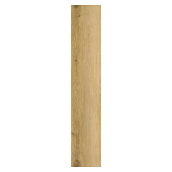 Vinylboden SPC Silent - Tucson Eiche, Landhausdiele, 1.220 x 229 x 5,3 mm - Hellbraunes Holzbrett mit natürlicher Maserung und sichtbarem Ast.