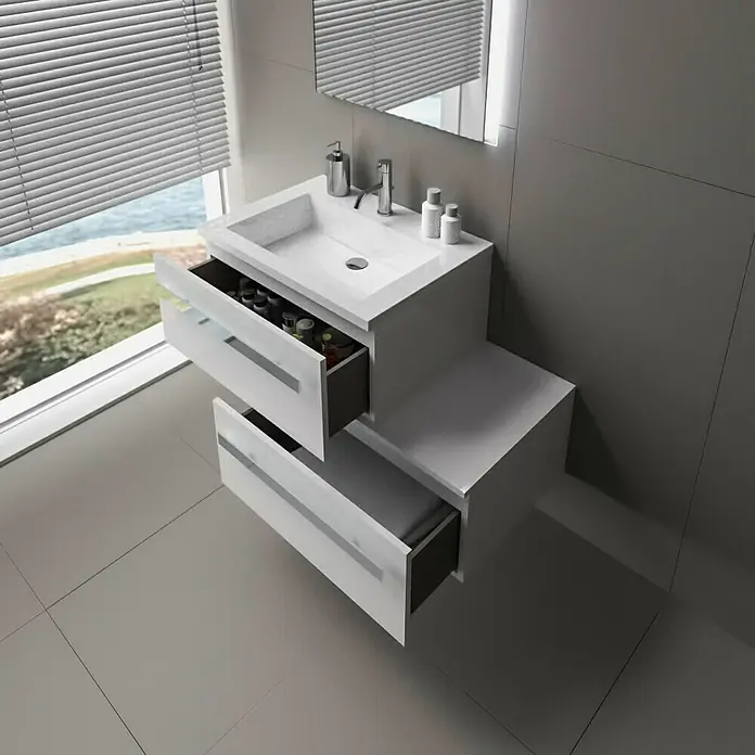 Riva Garda Einbauwaschbecken - 70 x 51 cm, Weiß - Modernes Badezimmer-Waschtisch-Set mit weißen Schubladen und einer minimalistischen Ästhetik. Ideal für stilvolle Badezimmer.