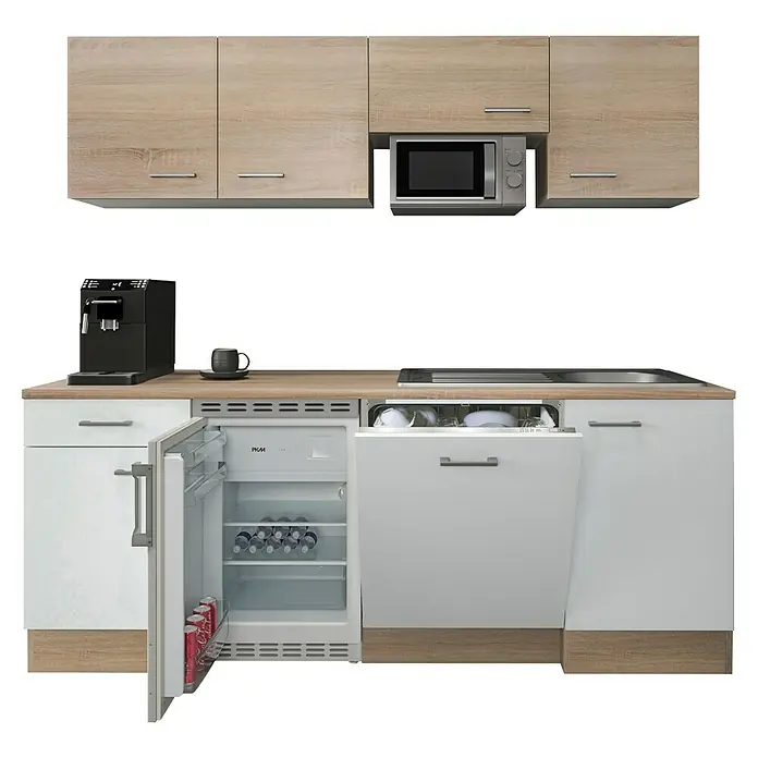 Flex-Well Samoa Singleküche Typ 2 - Breite: 210 cm, Weiß/Braun, Mit Elektrogeräten - Küchenzeile mit hellen Holzschränken, weißen Fronten, Kaffeemaschine, Mikrowelle, offenem Minikühlschrank und offener Spülmaschine.