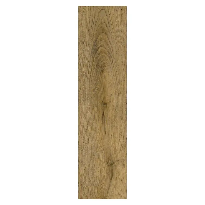 Vinylboden SPC Herringbone - Garda Eiche, Fischgrät, 148 x 592 x 4,5 mm - Hellebraune Holzdiele mit ausgeprägter dunkler, welliger Maserung und markantem Astmuster.