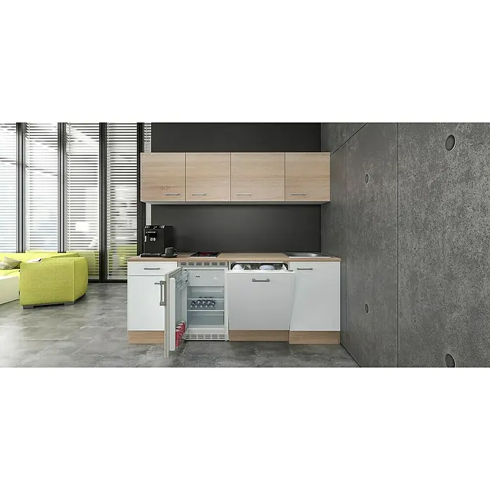 Flex-Well Samoa Singleküche - Breite: 210 cm, Weiß/Braun, Mit 2-Zonen-Glaskeramikkochfeld - Kompakte Küchenzeile mit hellen Holz- und weißen Schränken, schwarzen Geräten, offenem Minikühlschrank und Geschirrspüler in modernem Wohnraum.