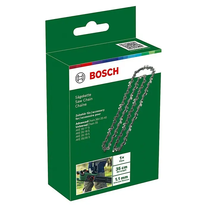 Bosch Sägekette - Länge: 35 cm, Schnittlänge: 35 cm, Passend für: Bosch Kettensäge AKE 35, 35-17 und 35-18 - Bosch Sägekette in grüner Verpackung, mit 35 cm Schwertlänge und 1,1 mm Treibgliedstärke, passend für verschiedene Kettensägen.