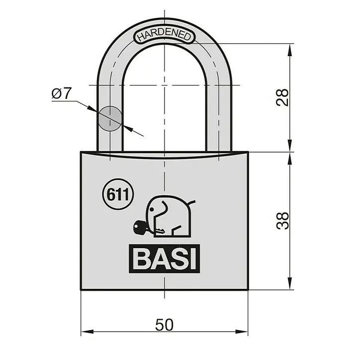 Basi Vorhängeschloss VHS 611 - Breite: 50 mm, Bügelstärke: 7 mm, Material Bügel: Stahl - Technisches Datenblatt eines grauen BASI Vorhängeschlosses mit gehärtetem Bügel und Maßen.