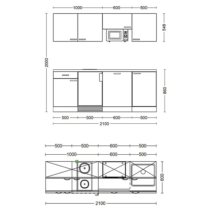 Flex-Well Rom  Singleküche - Breite: 210 cm, Weiß, Mit 2-Platten-Kochfeld & Mikrowelle - Detaillierte Blaupause eines Küchenschrank-Layouts mit Maßen für Hängeschränke, Unterschränke und Einbaugeräte wie Spüle und Kochfeld.