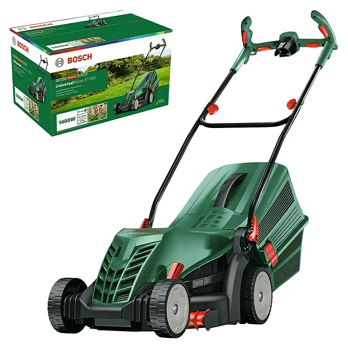 Bosch Elektro-Rasenmäher UniversalRotak 37-550 - 1.400 W, Schnittbreite: 370 mm - Grüner und schwarzer Bosch UniversalRotak 37-550 Elektromäher mit roten Akzenten und Produktbox.
