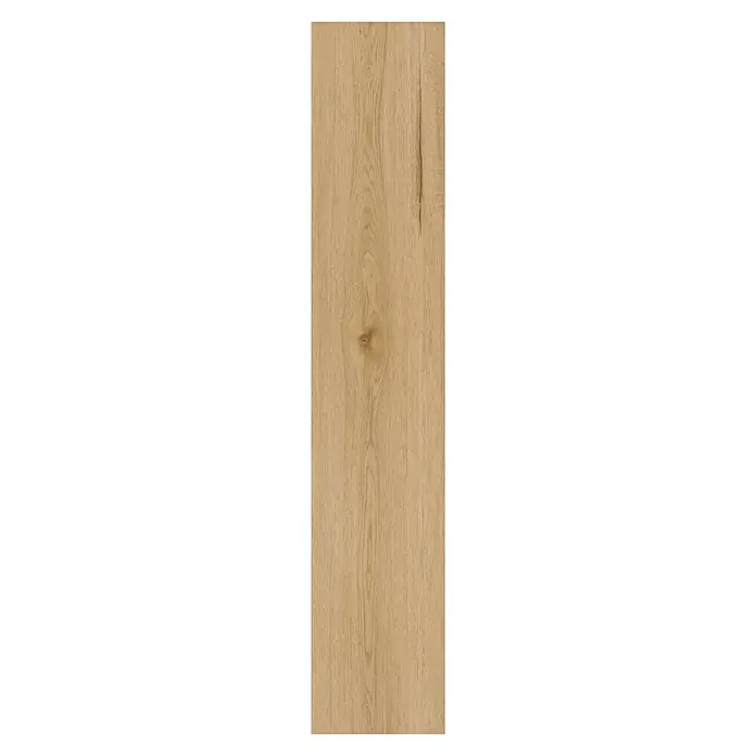 Vinylboden SPC Silent - Arvada Eiche, Landhausdiele, 1.220 x 229 x 5,3 mm - Hellbraune Holztextur mit natürlicher Maserung und sichtbarem Ast.