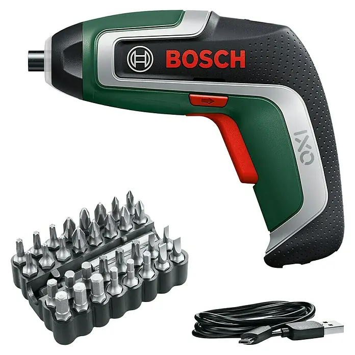 Bosch Akkuschrauber IXO 7 - 3,6 V, 1 Akku, 2 Ah, 5,5 Nm, Bit-Set - Grün-schwarzer Bosch IXO Akkuschrauber mit rotem Abzug, Metallsatz Bits und schwarzem USB-Ladekabel.