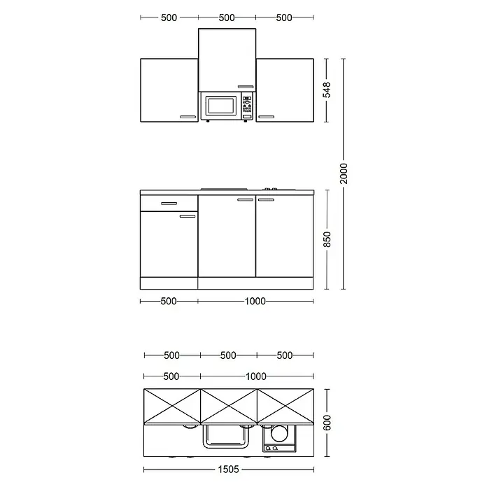 Flex-Well Wito Singleküche - Breite: 150 cm, Weiß, Mit 2 Platten-Kochfeld & Mikrowelle - Technisches Diagramm einer modularen Küchenanordnung mit Maßen für Ober- und Unterschränke, Geräten und Spülenplatzierung.