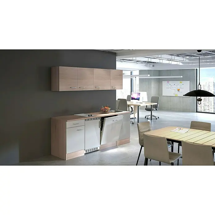 Flex-Well Samoa Singleküche - Breite: 210 cm, Weiß/Braun, Mit 2-Zonen-Glaskeramikkochfeld - Kompakte Büroküchenzeile aus hellem Holz und Grau, mit Spüle, Kochfeld und Geräten, in einem modernen Großraumbüro.