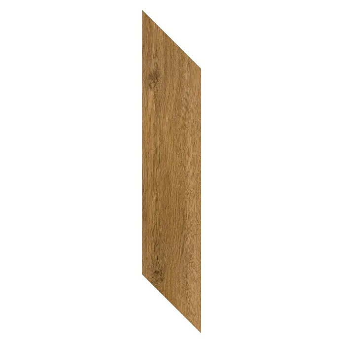 Vinylboden SPC Chevron - Jersey Eiche, 120 x 600 x 4,5 mm - Schräg zugeschnittenes mittelbraunes Holzpaneel mit deutlicher vertikaler Maserung und kleinen Ästen.