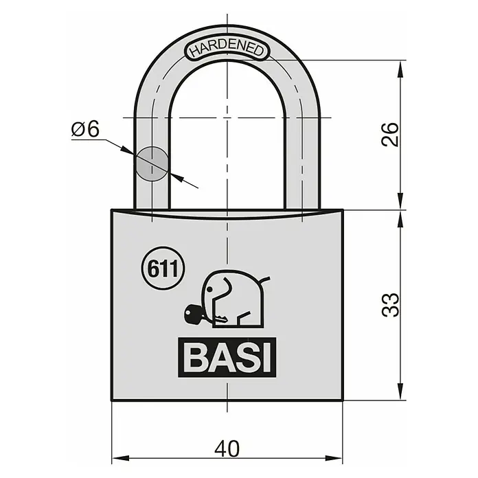 Basi Vorhängeschloss VHS 611 - Breite: 40 mm, Bügelstärke: 6 mm, Material Bügel: Stahl - Graues Vorhängeschloss mit gehärtetem Bügel (Ø6) und Schlüssel, Maße (40x33x26 mm).