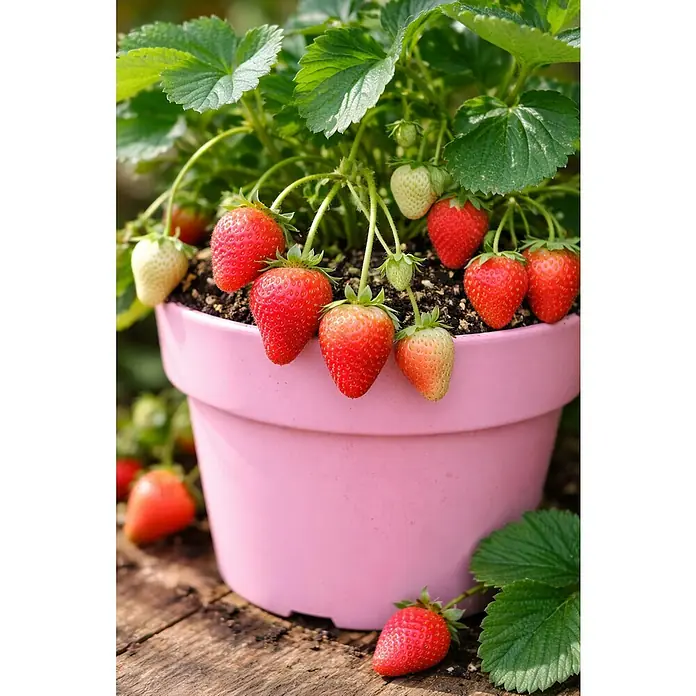 Erdbeere - Fragaria ananassa Turbolin, Topfgröße: 17 cm - Eine üppige Erdbeerpflanze in einem rosa Topf, reich an reifen roten und sich entwickelnden grünen Beeren, auf einer Holzoberfläche.