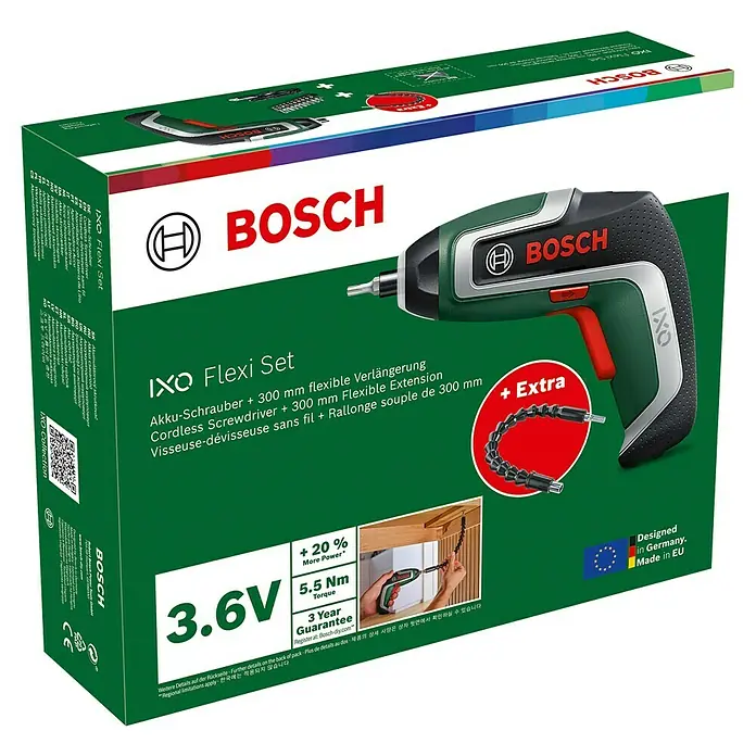 Bosch Akkuschrauber IXO 7 - 3,6 V, 1 Akku, 2 Ah, 5,5 Nm, Flexi-Set - Bosch IXO Flexi Set Akkuschrauber in grün-schwarz-silberner Verpackung mit 3,6V Schrauber und 300mm flexibler Verlängerung.