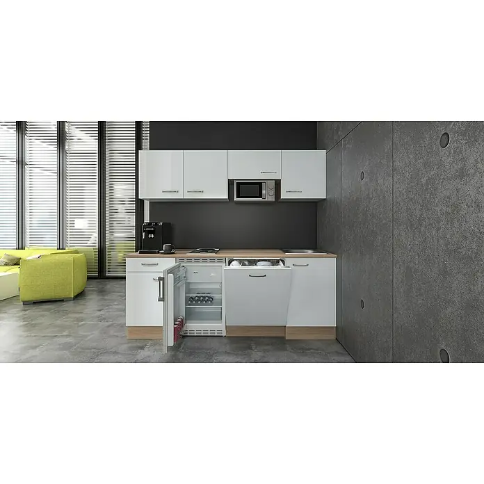 Flex-Well Valero Singleküche - Breite: 210 cm, Weiß, Mit 2-Platten-Kochfeld & Mikrowelle - Kompakte, glänzende weiße Küchenzeile mit Holzplatte, integrierter Mikrowelle, Minikühlschrank, Geschirrspüler, Kochfeld, Spüle und Kaffeemaschine.