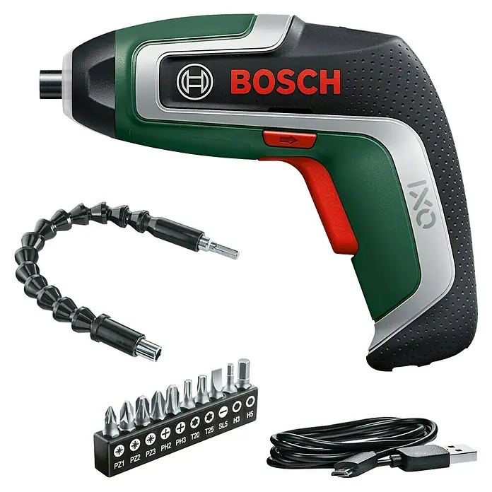 Bosch Akkuschrauber IXO 7 - 3,6 V, 1 Akku, 2 Ah, 5,5 Nm, Flexi-Set - Bosch IXO Akkuschrauber-Set mit dunkelgrünem und schwarzem Gehäuse, flexibler Verlängerung, Bit-Set und USB-Ladekabel.