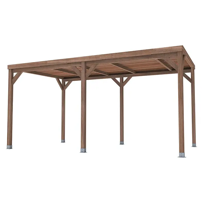 Pérgola estándar Ondara - L x An x Al: 500 x 300 x 250 cm, Madera, Con techo - Pérgola de madera marrón con techo inclinado y postes robustos.